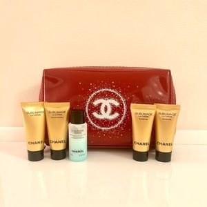 Chanel Sublimage Skincare Travel Set with Red Logo Bag